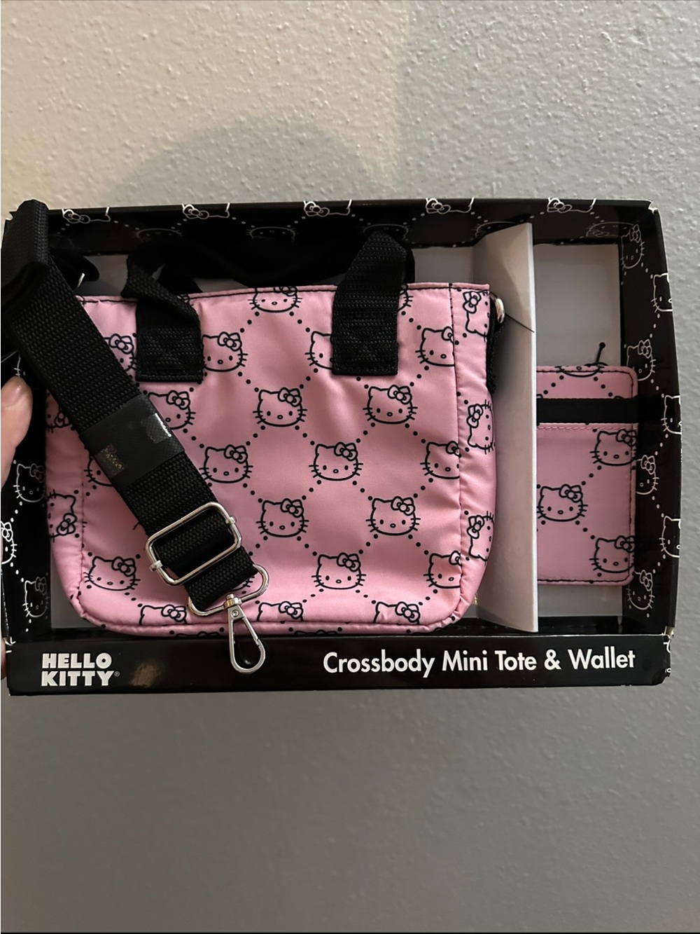 Hello Kitty Pink Crossbody Mini Tote with Black Strap and Matching Wallet